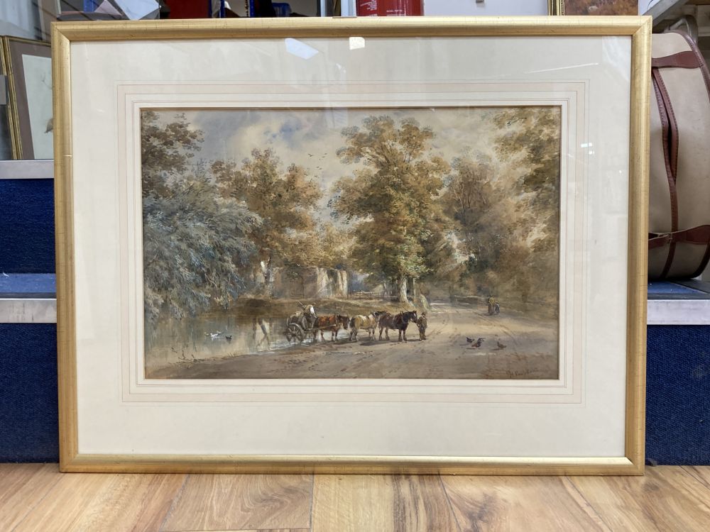 Henry Earp (1831-1914), country road with draft horses by a pond, figures, ducks and hens, 34cm x 52cm